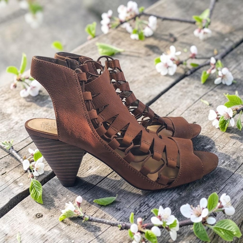 Vince Camuto Eliaz Brown Leather Cage Sandals Open Toe Cone Heel Booties 8M 38